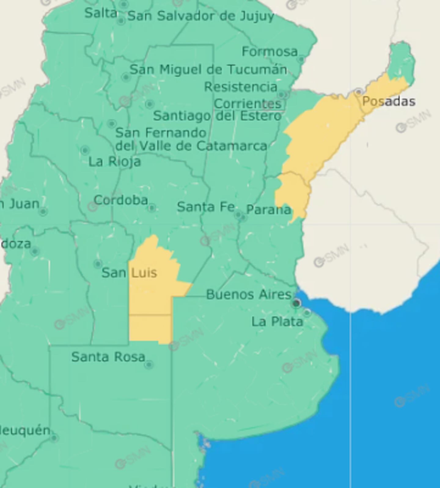 Mapa de Argentina con alerta amarilla por tormentas en cinco provincias