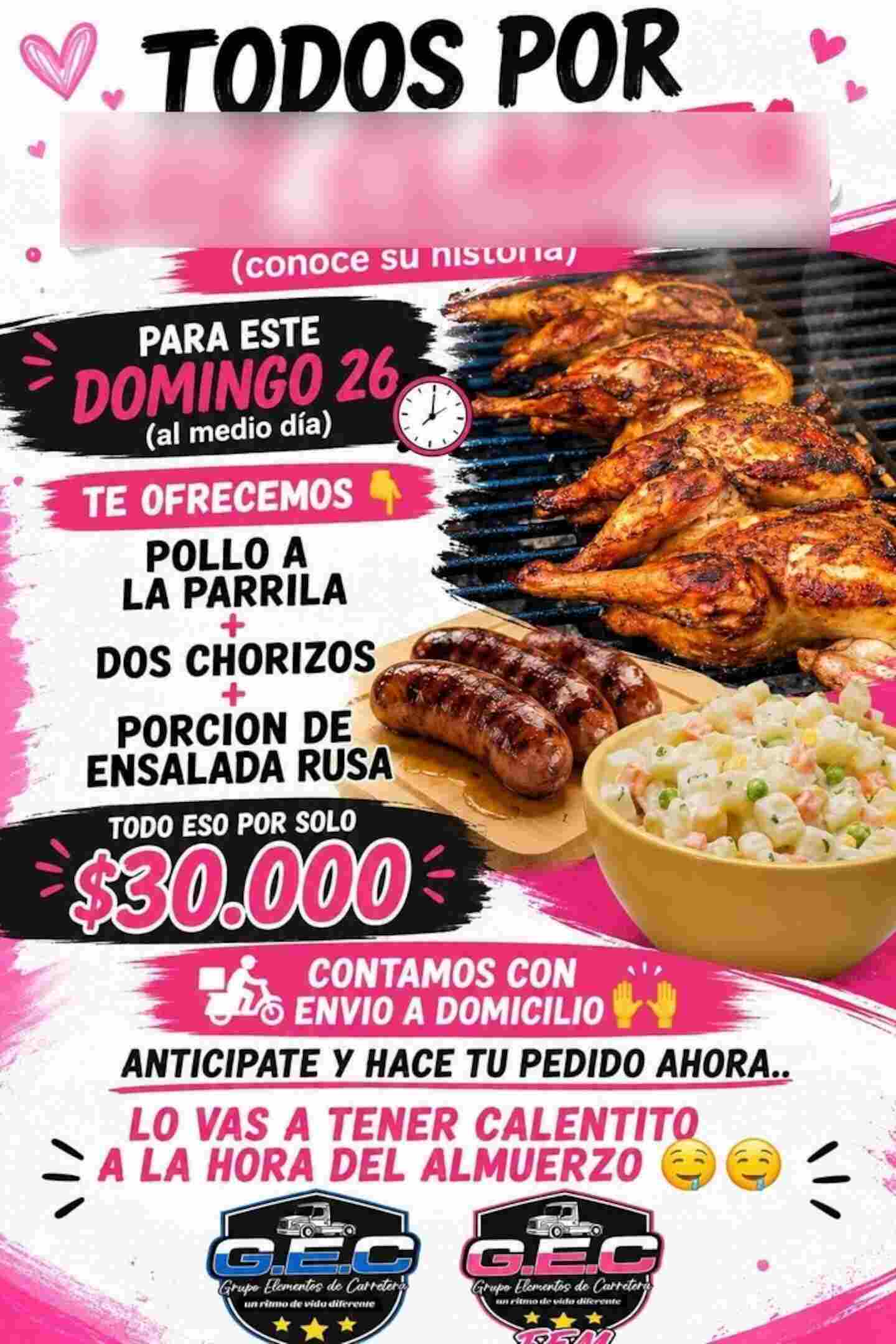 Cartel publicitario de un almuerzo solidario en Coronel Pringles con menú de pollo, chorizos y ensalada rusa