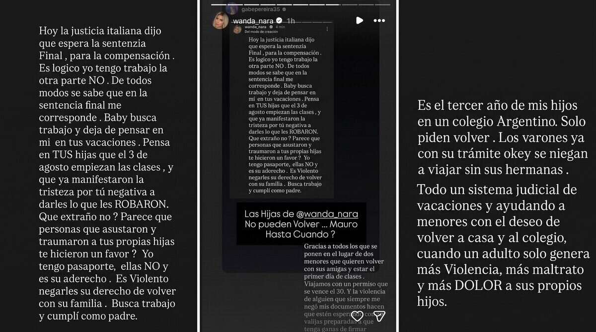 Publicación de Wanda Nara sobre la situación judicial con Mauro Icardi y sus hijas