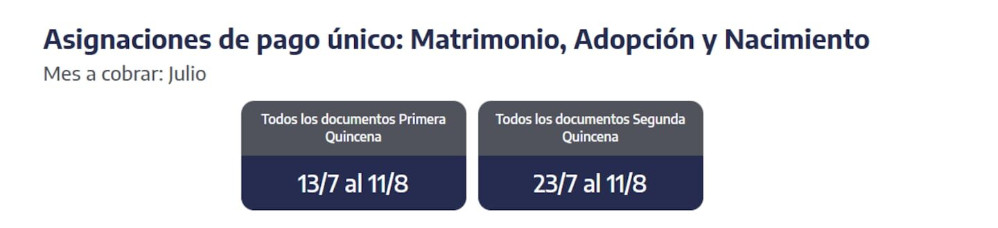 Asignaciones de pago único para matrimonio, adopción y nacimiento en julio