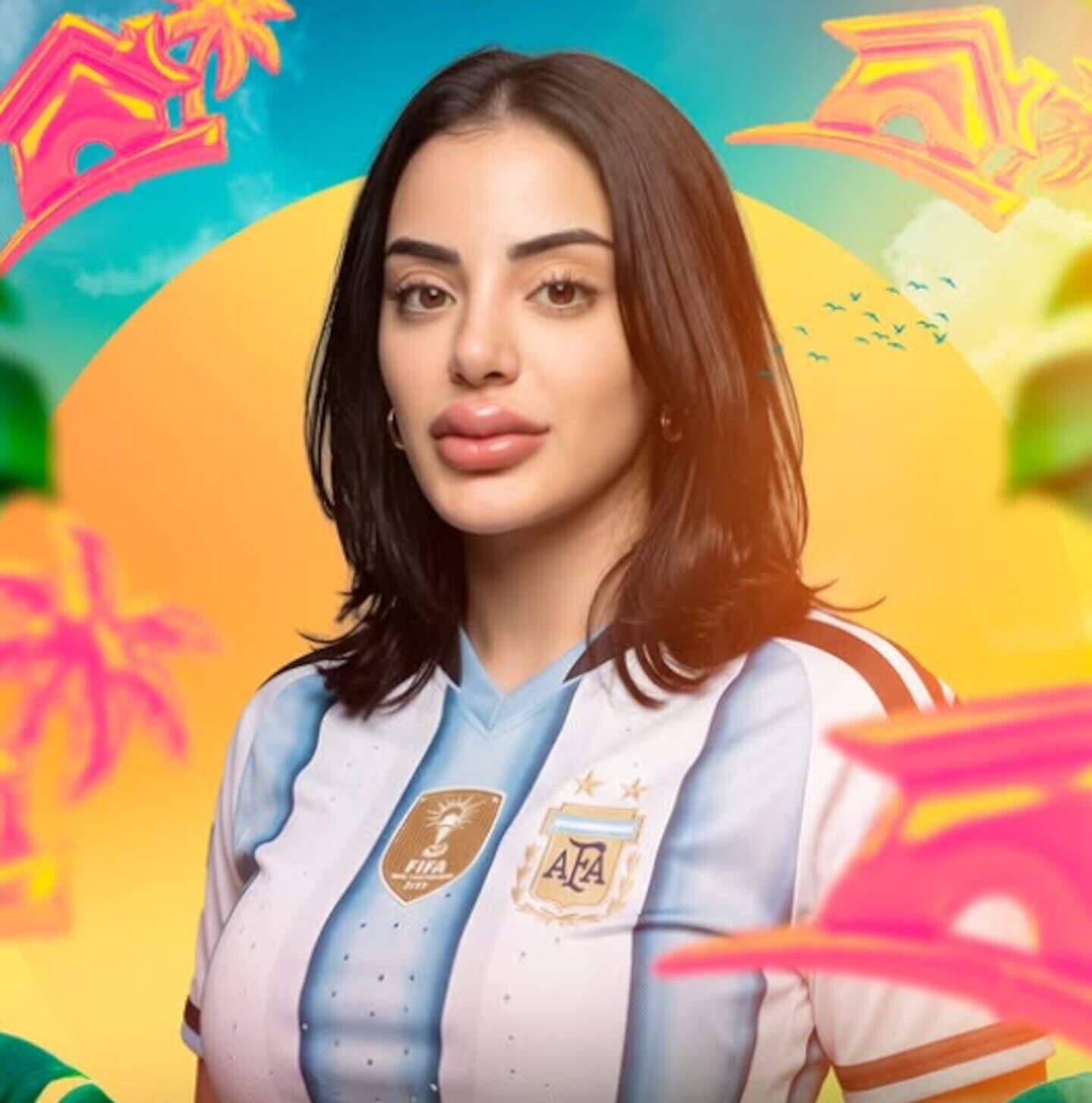 Anto Pane posando con camiseta de la selección argentina de fútbol en un fondo colorido