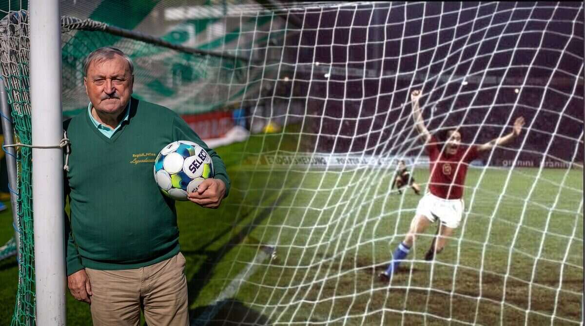 Antonín Panenka sosteniendo un balón de fútbol junto a una imagen histórica de su penal en la Eurocopa 1976