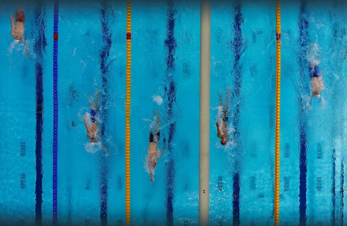 Nadadores compitiendo en una piscina durante los Juegos de la Commonwealth