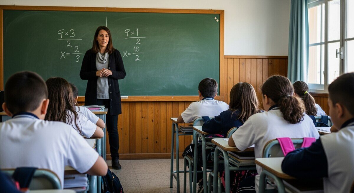Maestra frente a estudiantes en un aula de colegio privado en Buenos Aires