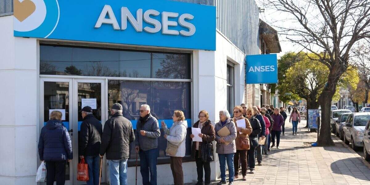 Personas haciendo fila frente a la oficina de ANSES en Argentina
