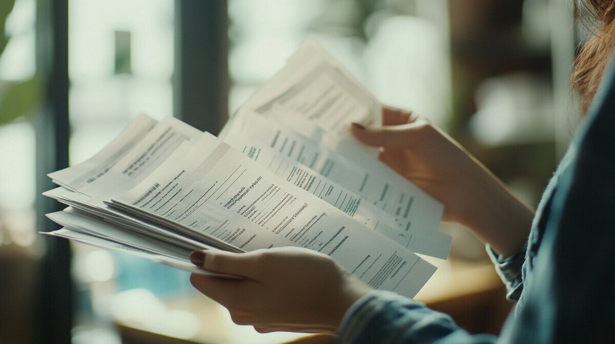 Persona revisando documentos y facturas en un entorno urbano