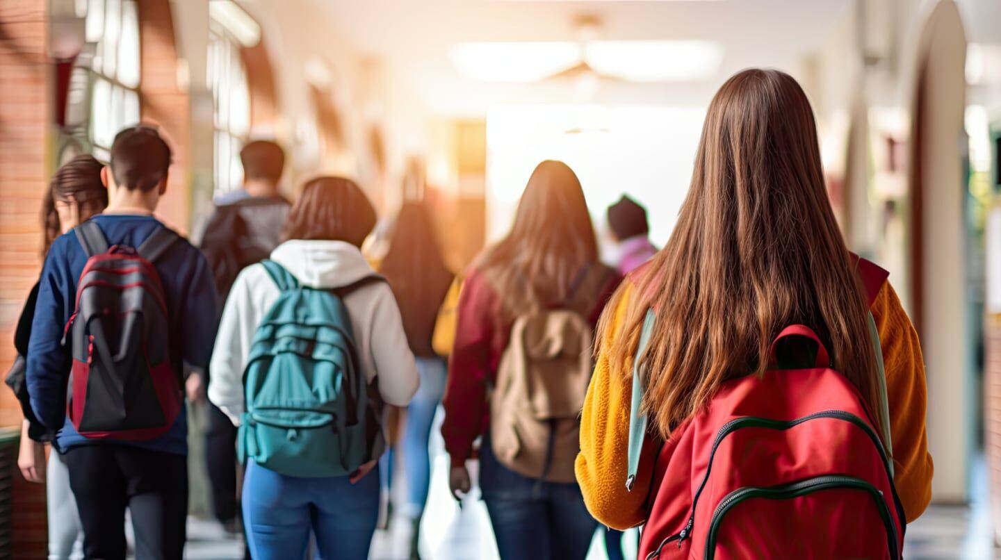 Grupo de estudiantes caminando por un pasillo con mochilas