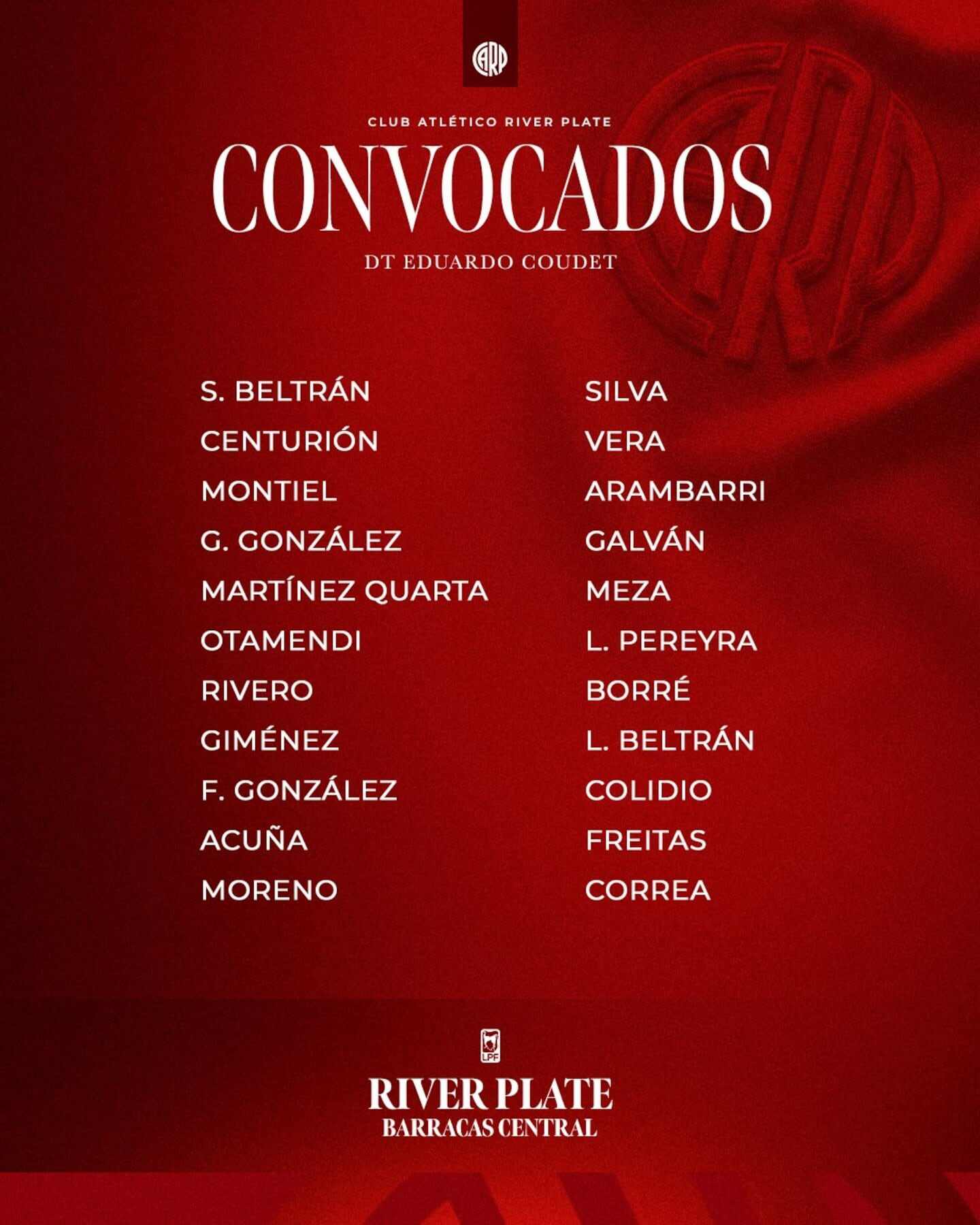 Lista de convocados de River Plate para el partido contra Barracas Central en el Torneo Clausura