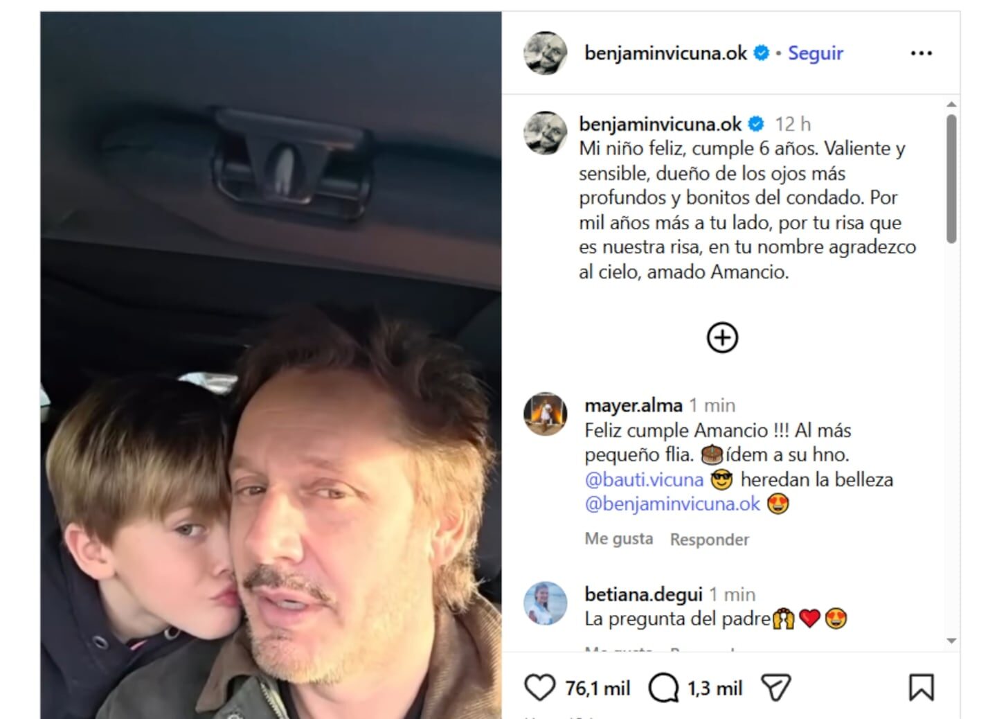 Bautista Vicuña y su padre Benjamín Vicuña en un emotivo momento juntos
