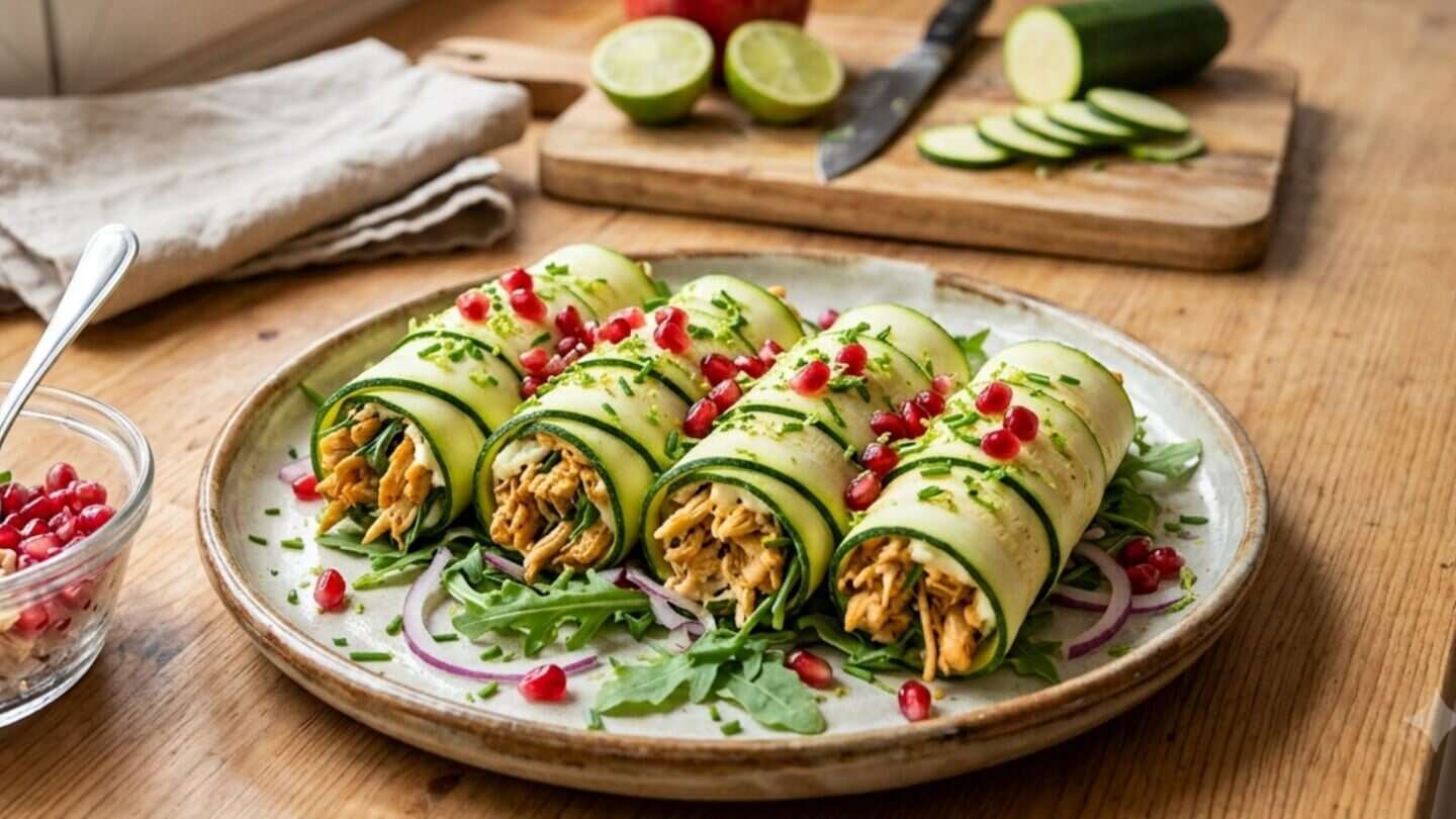 Canelones de zucchini rellenos de pollo y decorados con granos de granada