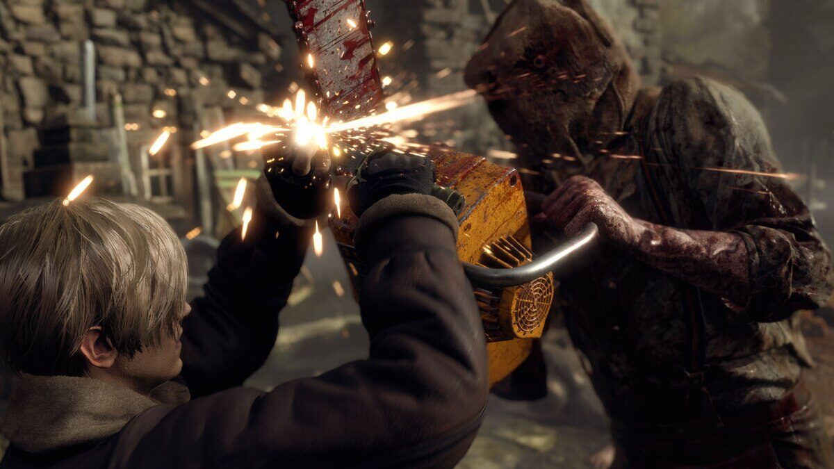 Personaje de Resident Evil luchando con un enemigo en un entorno oscuro y amenazante