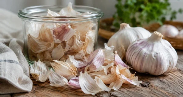 Cáscaras de ajo secas en un frasco