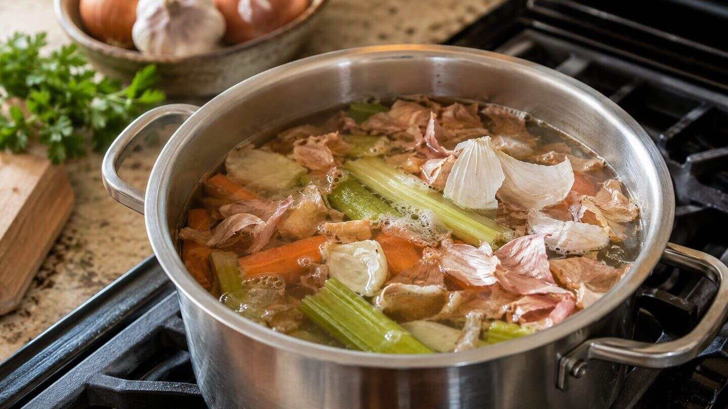 Cáscaras de ajo y vegetales en una olla para hacer caldo casero