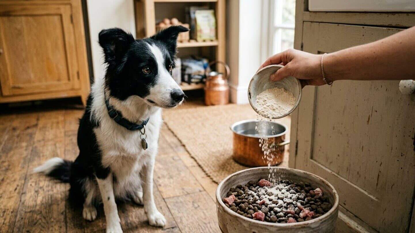 Perro observando la adición de cáscaras de huevo en su comida
