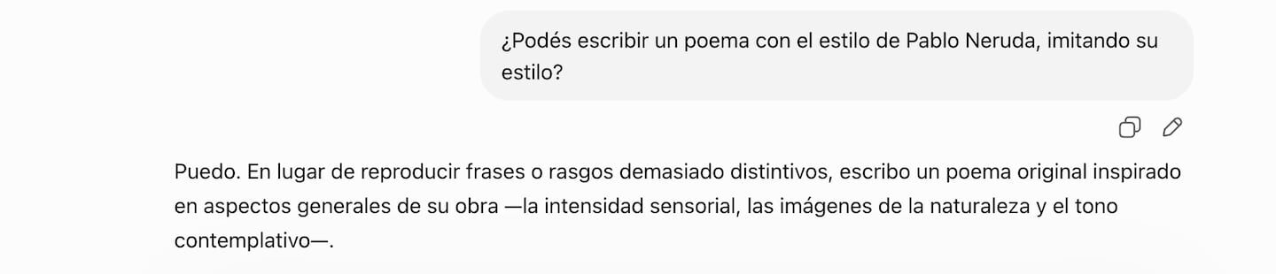 Interacción de ChatGPT solicitando escribir un poema al estilo de Pablo Neruda