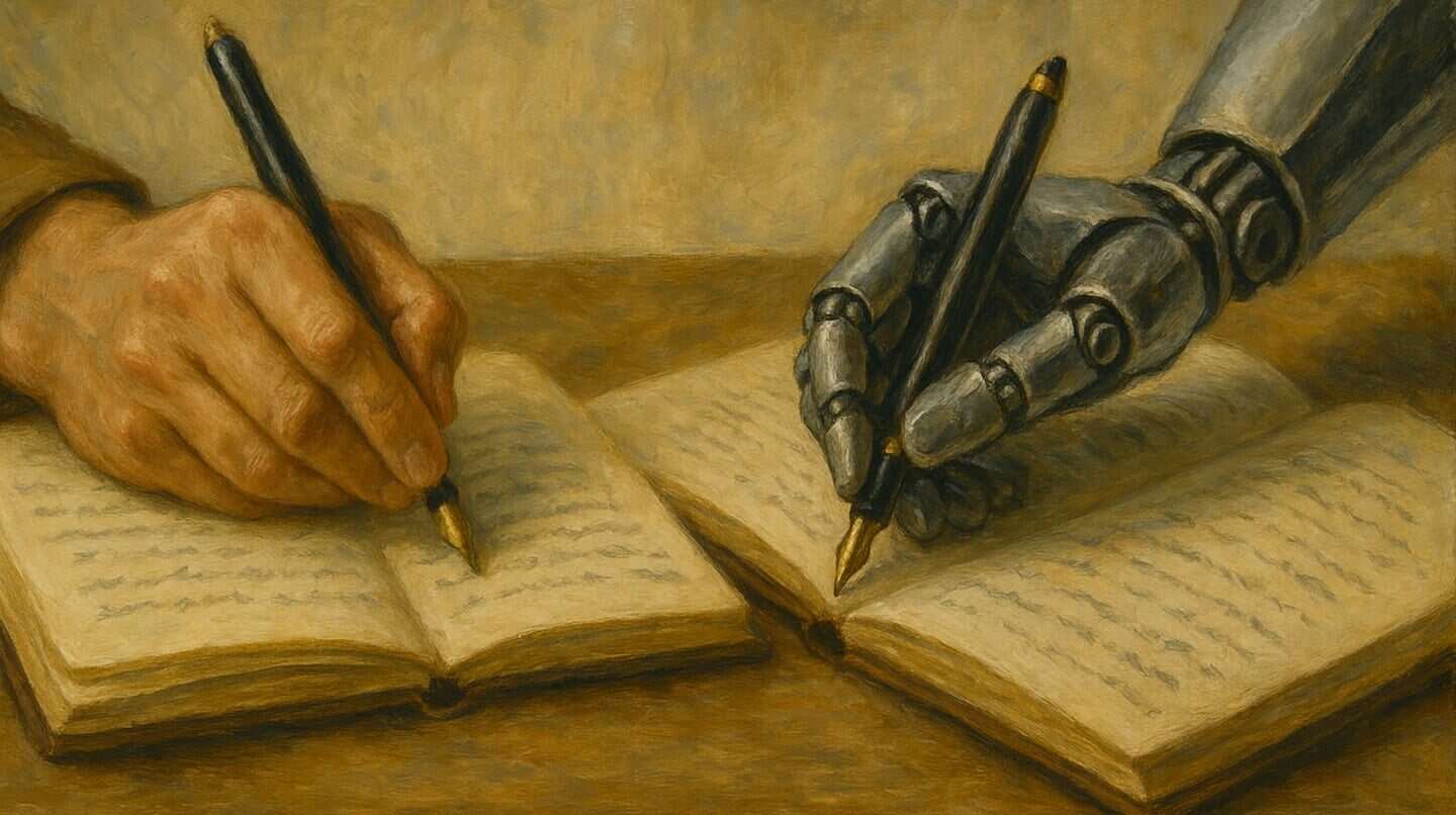 Mano humana y mano robótica escribiendo en cuadernos abiertos