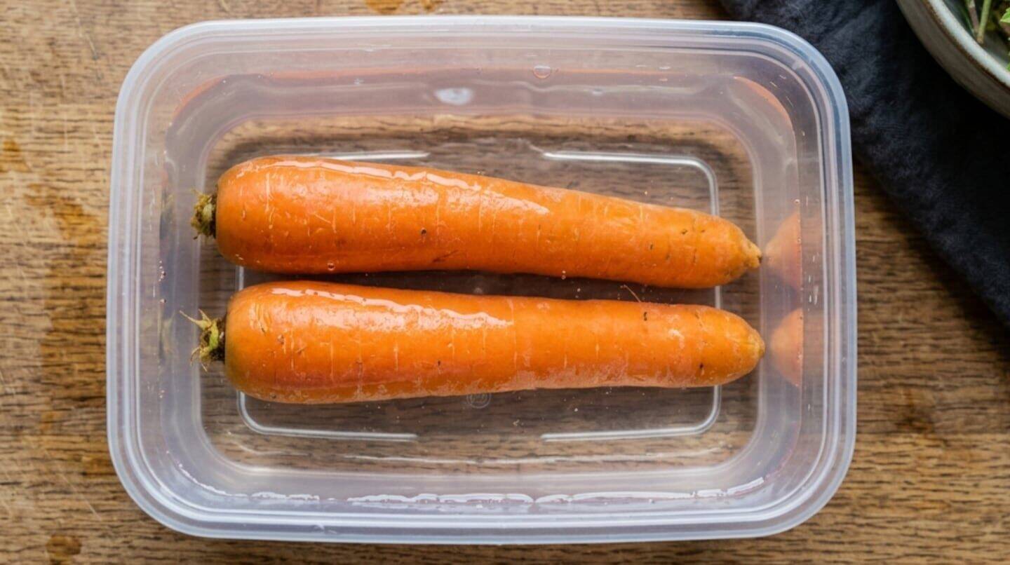 Zanahorias frescas sumergidas en agua dentro de un recipiente transparente