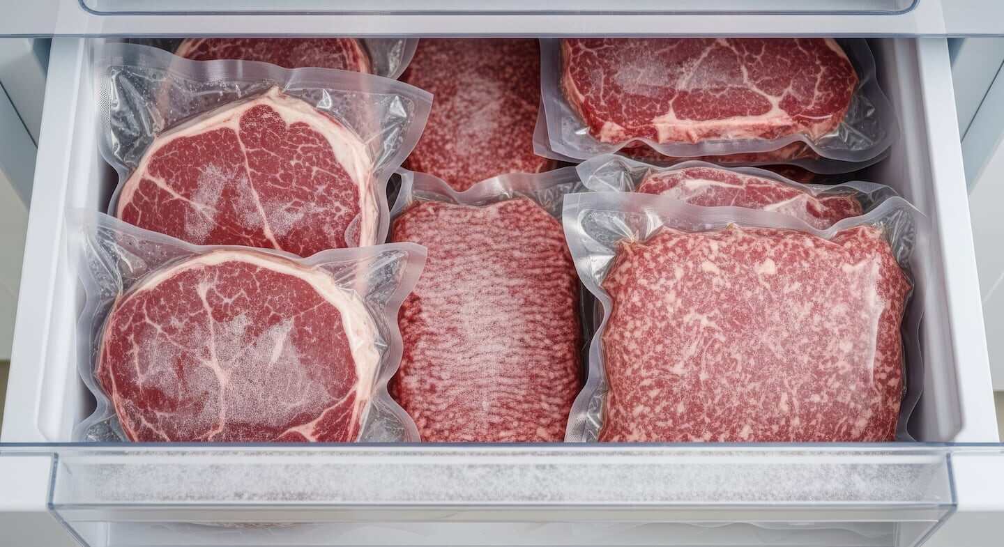 Carne envasada al vacío en un congelador