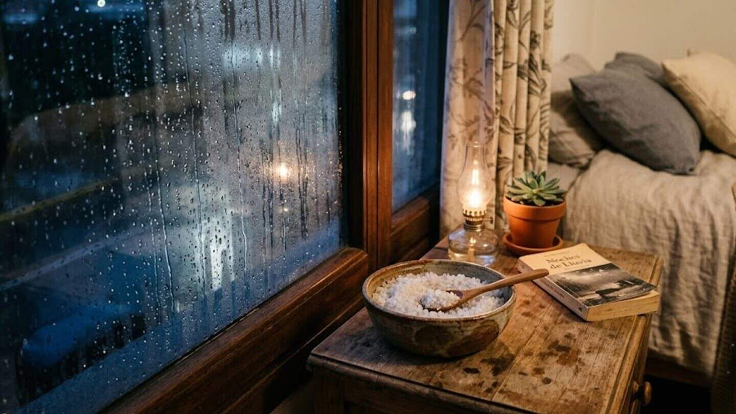 Mesa con sal gruesa junto a una ventana con condensación en un ambiente acogedor