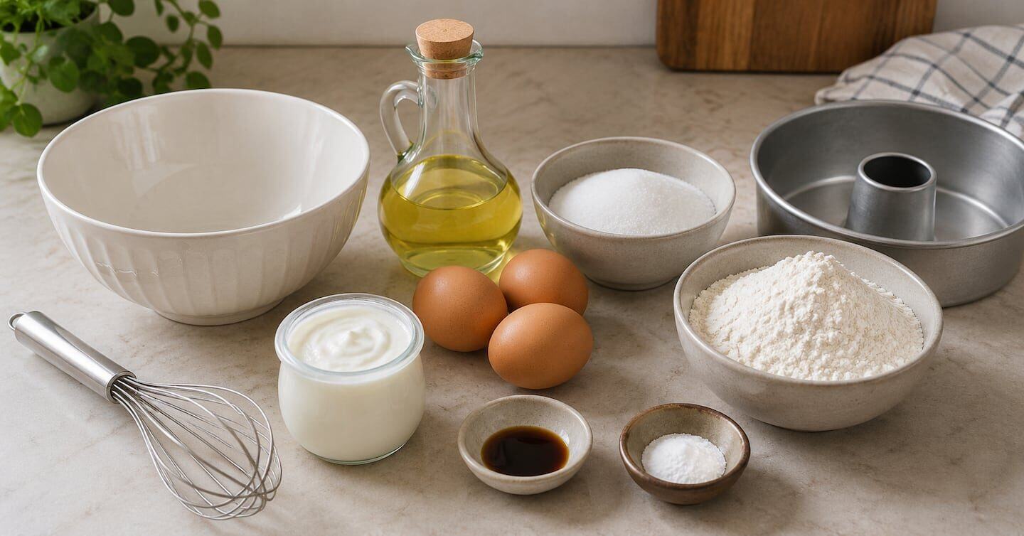 Ingredientes para hacer queque canario: huevos, harina, azúcar, aceite, yogur y vainilla