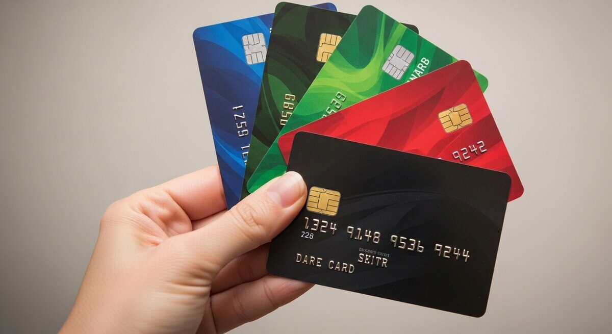 Mano sosteniendo varias tarjetas de crédito de diferentes colores