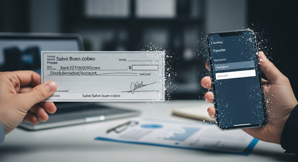 Cheque electrónico en manos de una persona junto a un teléfono móvil mostrando una aplicación bancaria
