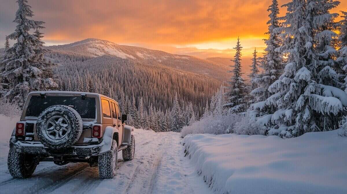 Vehículo 4x4 estacionado en un camino nevado con un paisaje montañoso al atardecer