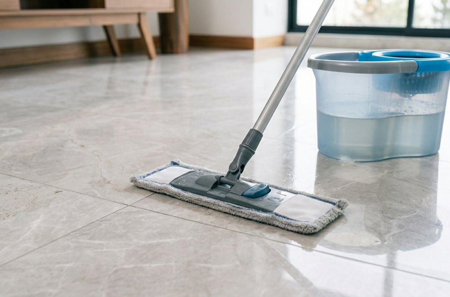 Mopa limpiando un piso de porcelanato con agua en un balde