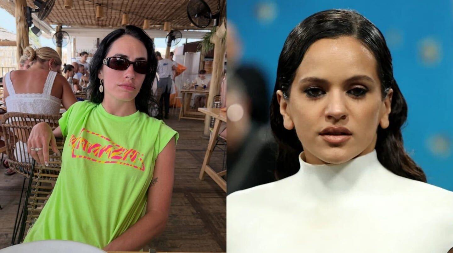 Dalila en un restaurante con camiseta verde y gafas de sol, junto a una imagen de Rosalía con un look elegante