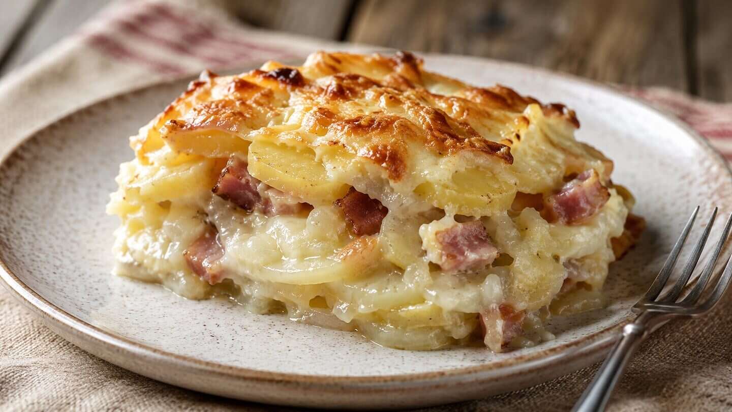 Porción de tartiflette, un plato francés con papas, panceta y queso gratinado