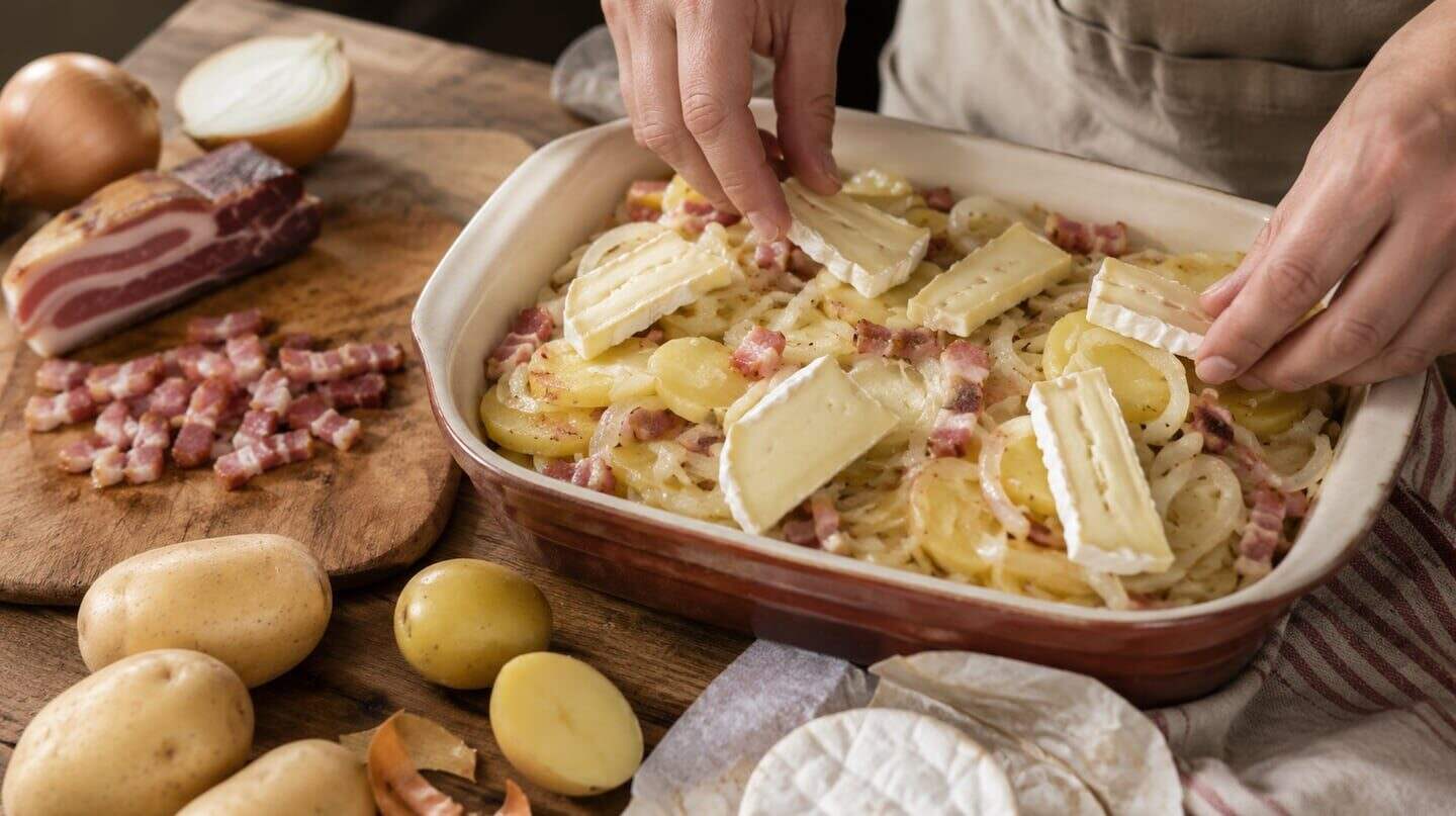 Preparación de tartiflette con papas, panceta y queso en un recipiente de cerámica