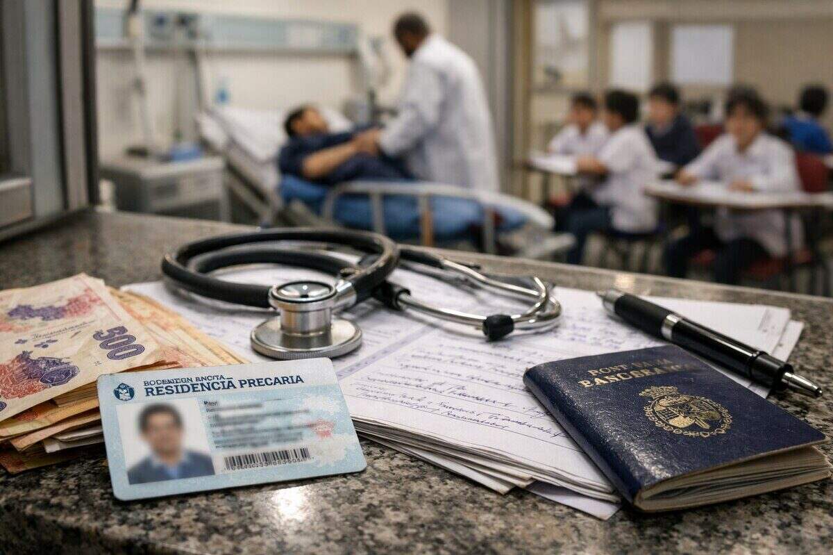 Mesa con documentos, un estetoscopio y dinero en un entorno médico