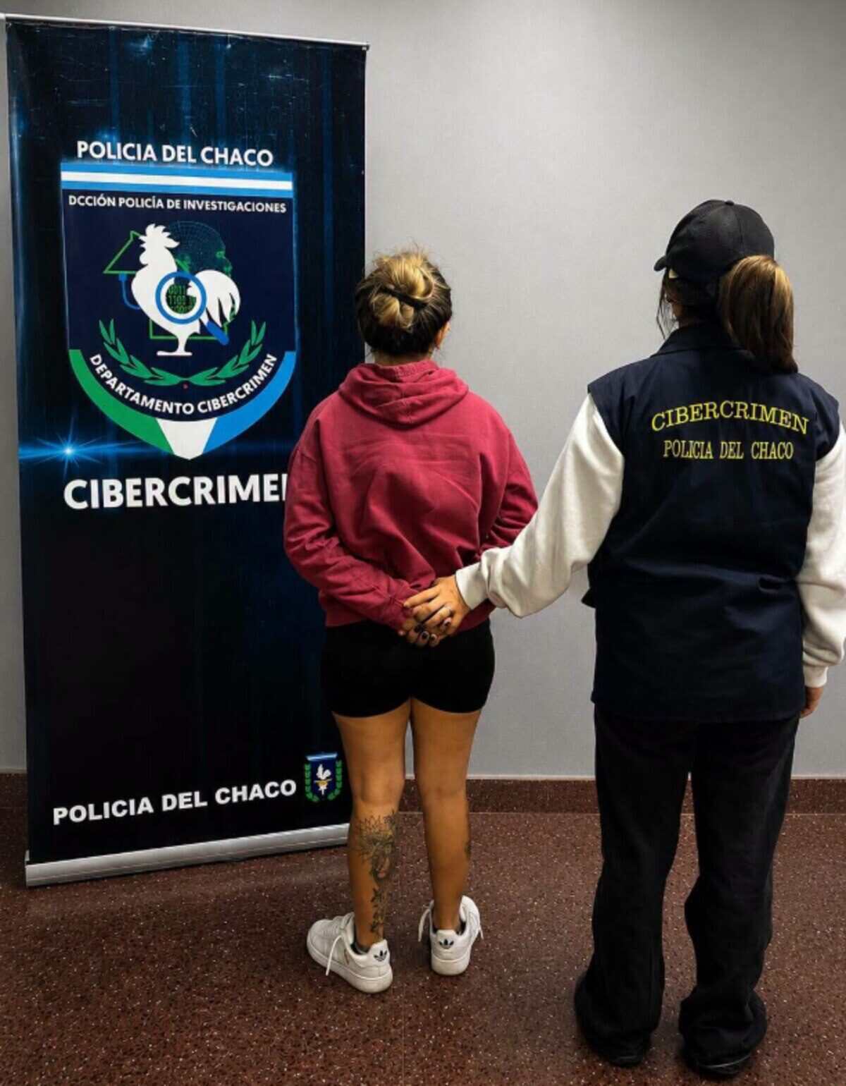 Mujer detenida por estafa en Chaco frente a un cartel del Departamento de Cibercrimen