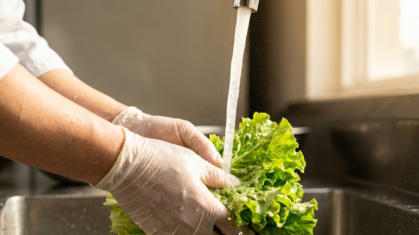 Manos con guantes lavando lechuga bajo el grifo