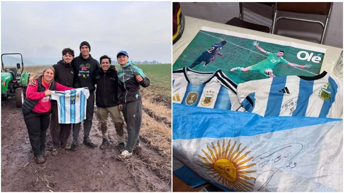 Dibu Martínez posando con fanáticos en Sierra de los Padres tras ser rescatado