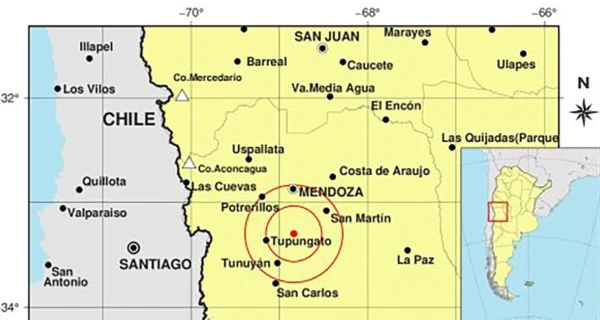 Mapa de Mendoza con epicentros de sismos