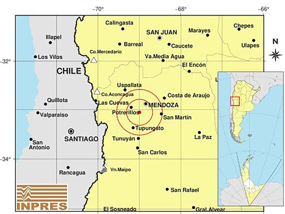 Mapa de Mendoza mostrando la ubicación de los sismos recientes