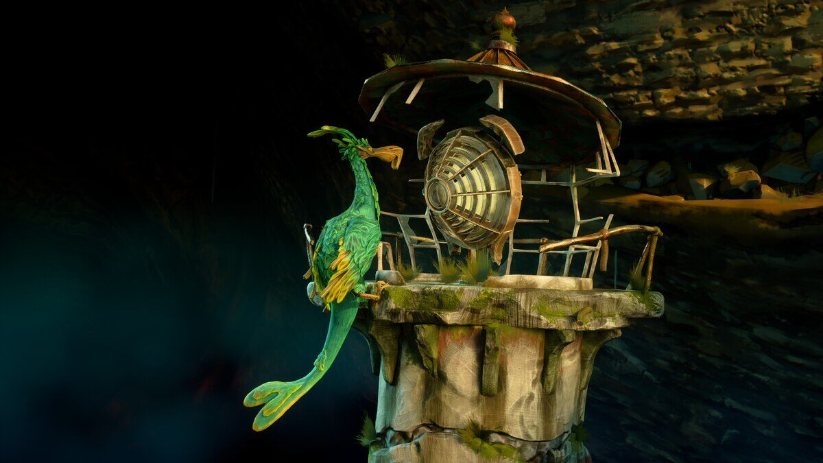 Un pájaro verde posado en una estructura de piedra en un entorno oscuro