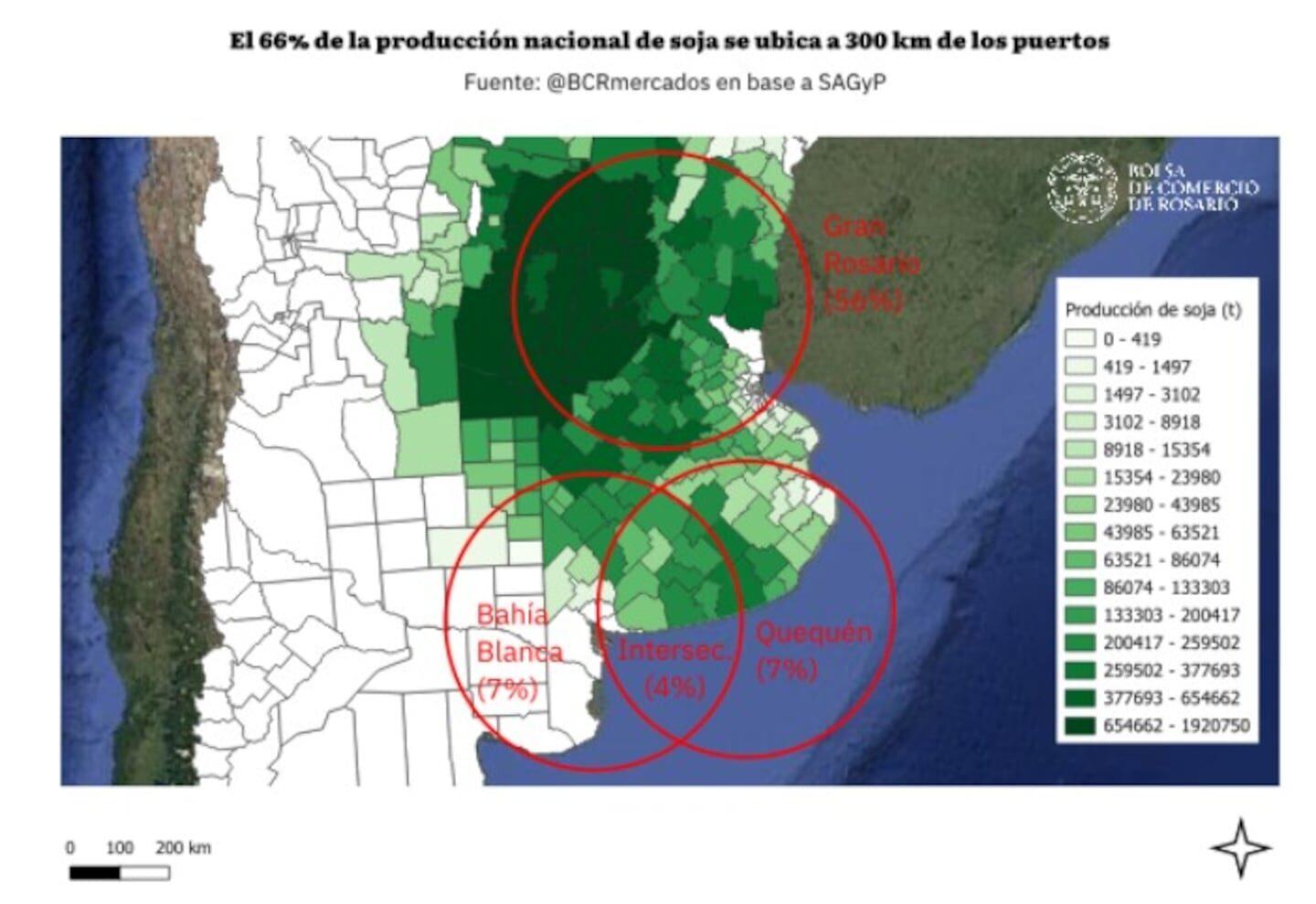 Mapa que muestra la concentración de la producción de soja en Argentina cerca de los puertos principales