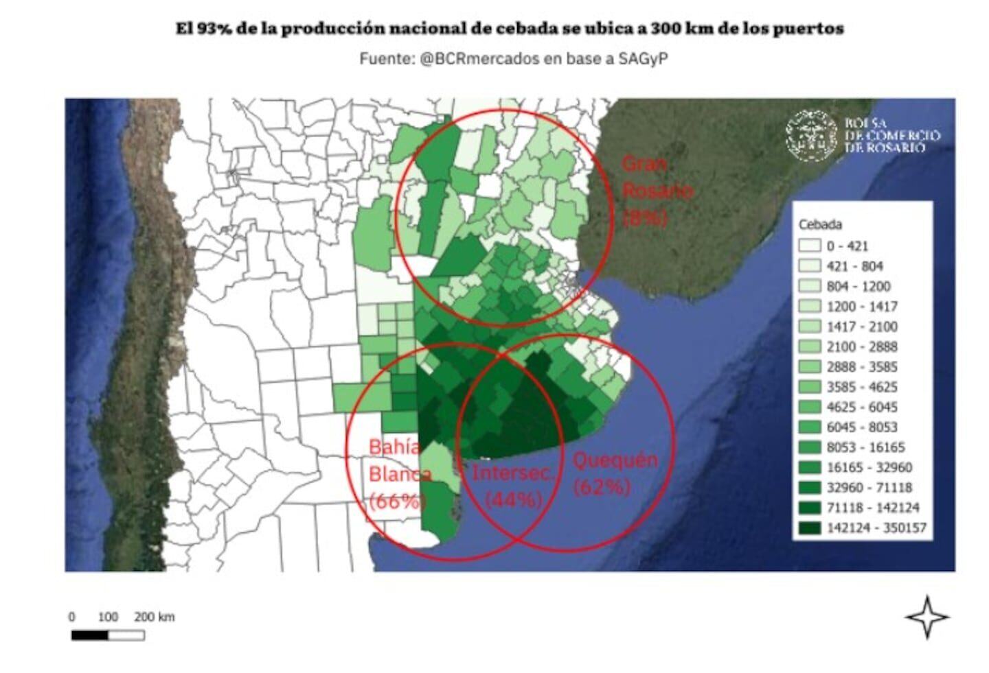Mapa que muestra la concentración de la producción agrícola argentina cerca de los puertos principales
