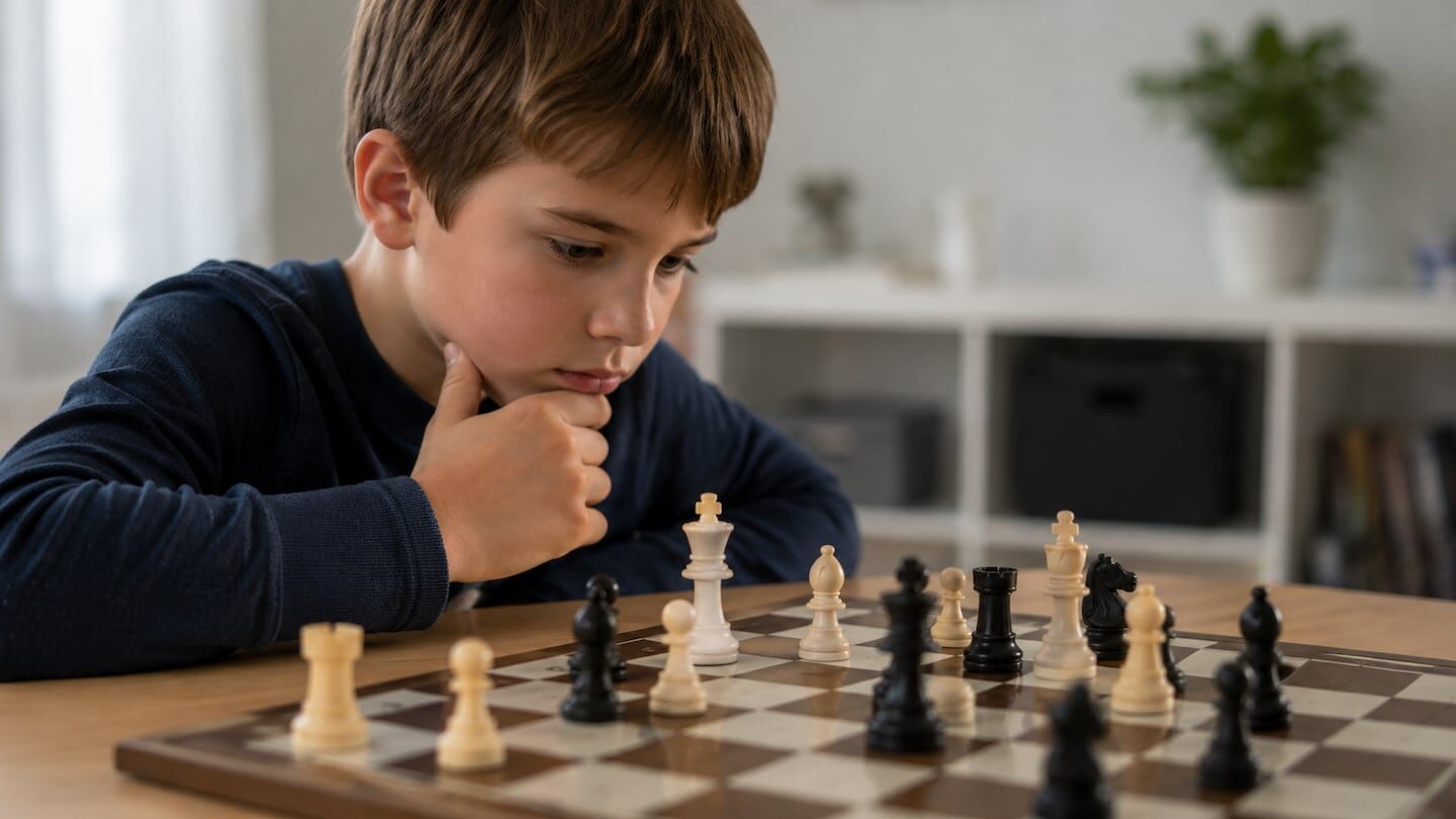 Niño concentrado jugando ajedrez en una mesa