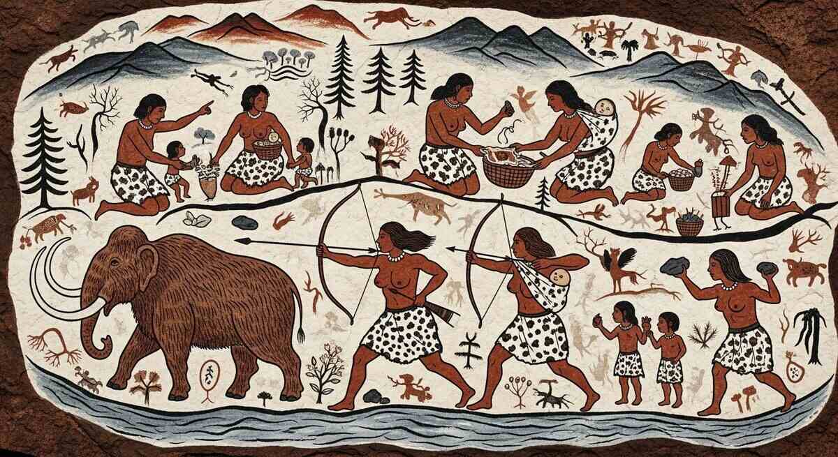 Representación artística de la vida prehistórica con humanos cazando y recolectando