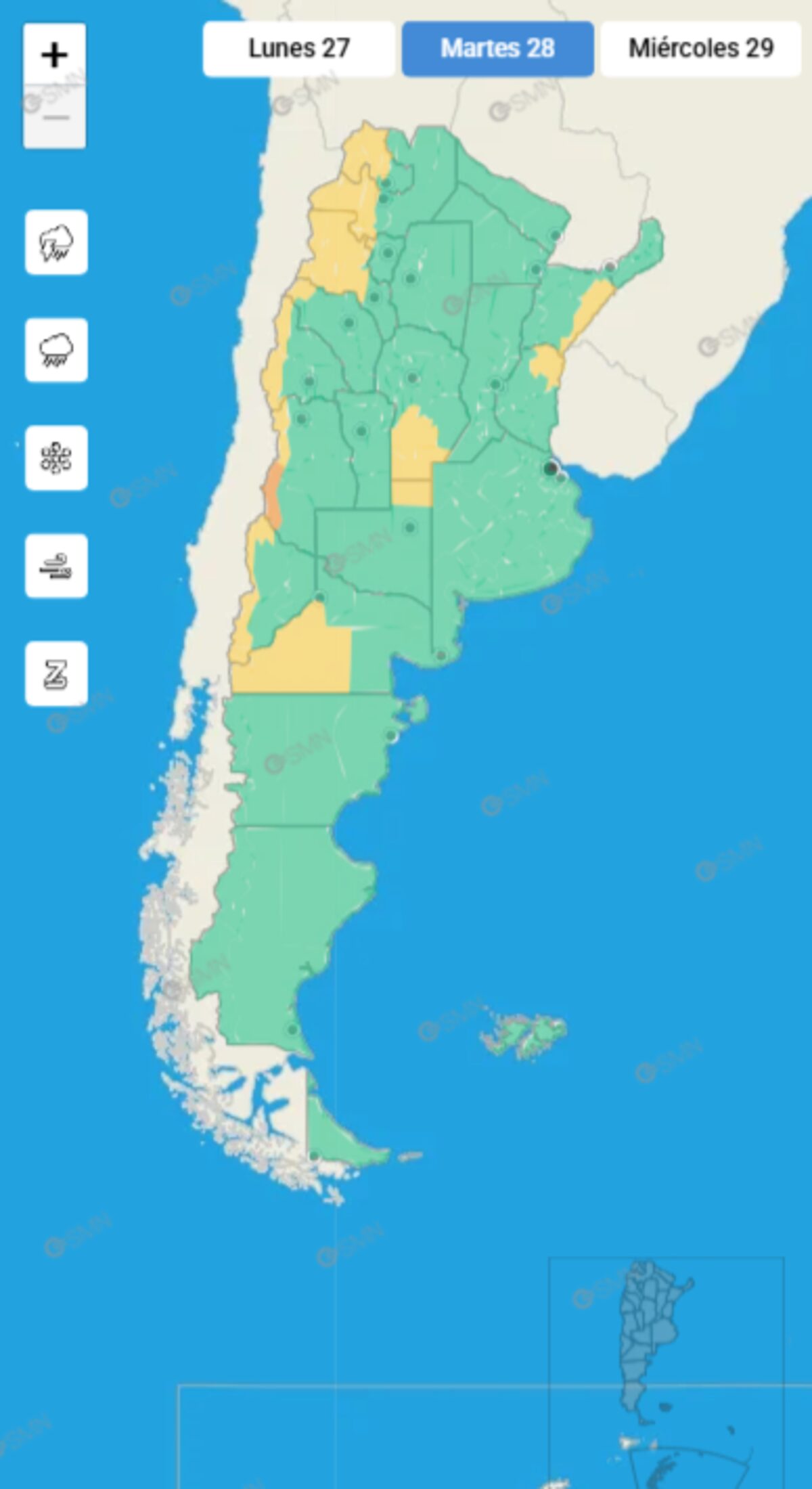 Mapa del clima en el AMBA con temperaturas frescas y probabilidad de lluvias