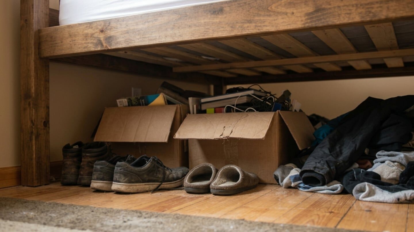 Espacio desordenado debajo de una cama con cajas y zapatos
