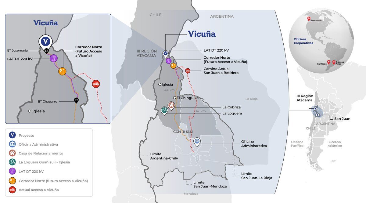 Mapa de la obra eléctrica en San Juan, Argentina, mostrando el acceso a Vicuña y el corredor norte