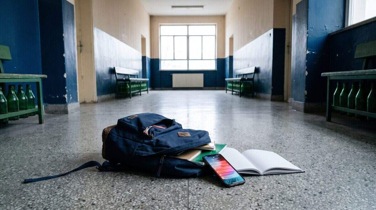 Mochila y materiales escolares en un pasillo vacío de una escuela