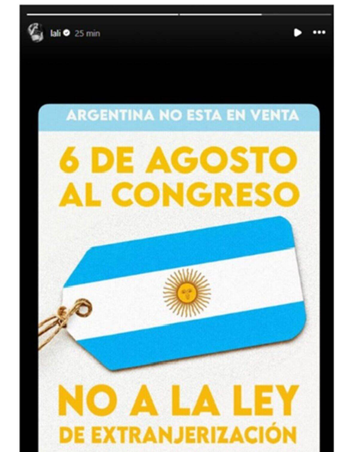 Cartel que dice '6 de agosto al Congreso. No a la ley de extranjerización' con la bandera de Argentina