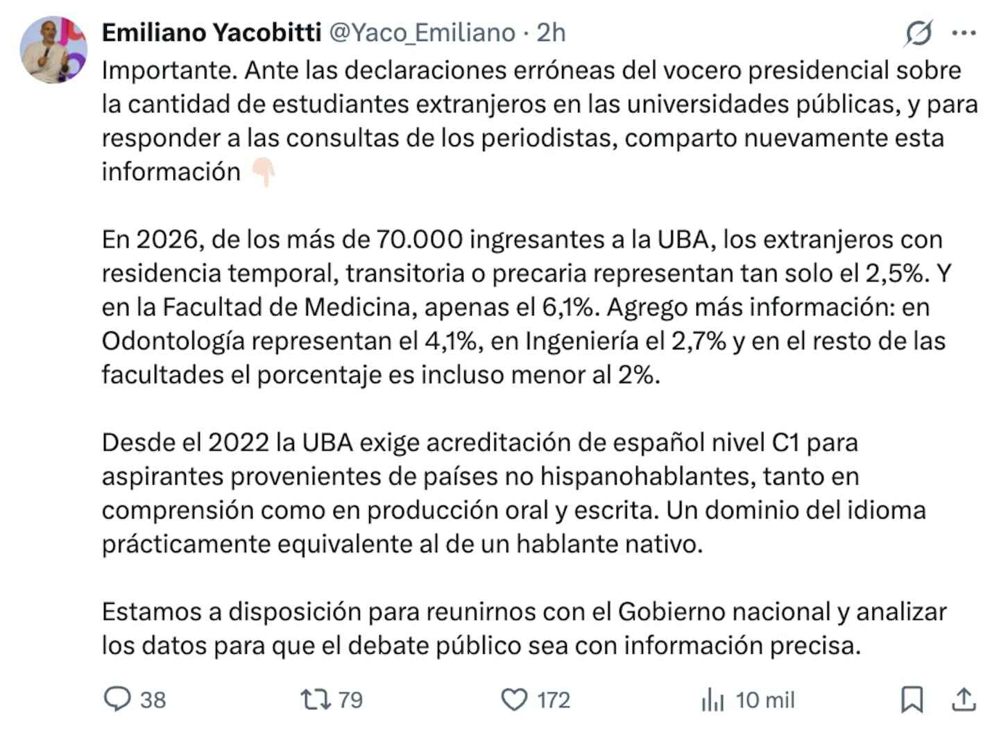 Tweet de Emiliano Yacobitti sobre estudiantes extranjeros en la UBA
