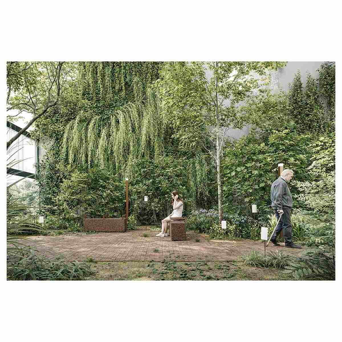 Renderizado de un espacio verde urbano con vegetación abundante y personas interactuando en un entorno natural