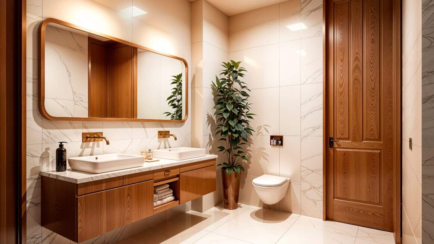 Baño pequeño con mueble vintage y espejo integrado en tonos madera